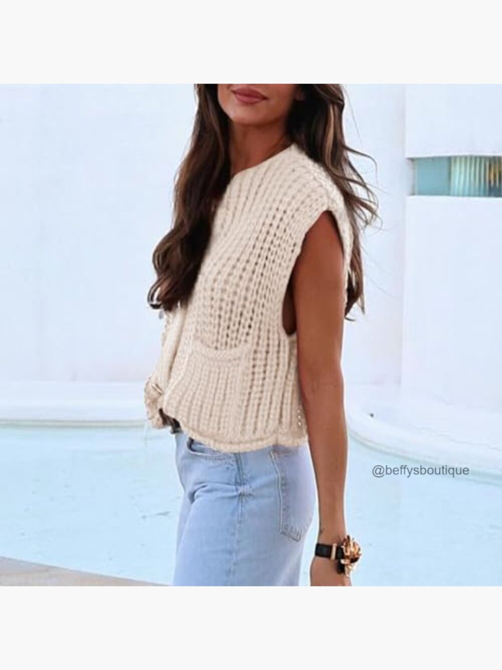 Crochet Chunky Knit Sleeveless Button Down Cardigan Vest Crop Top with Pockets - Picture 4 of 7